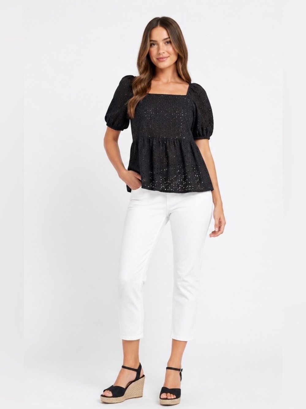Haptics Eyelet Babydoll Top Puff Sleeve Square Neck - Black Sz L‎